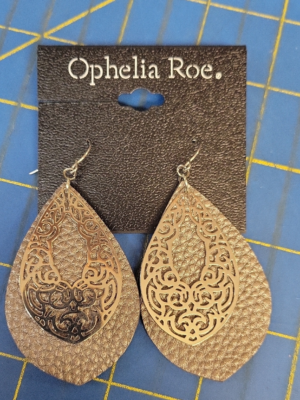 Ophelia Roe Bronze Teardrop Metal Filigree Faux Leather Earrings NWT